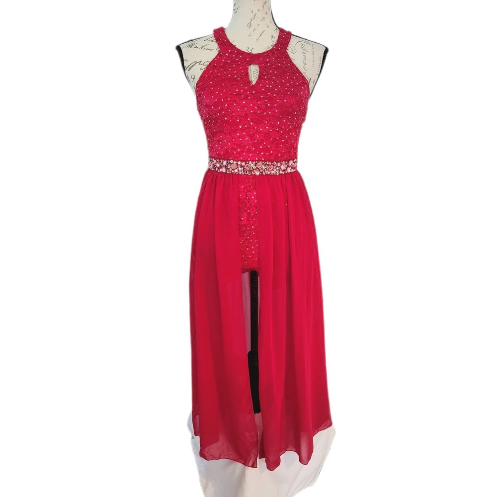 New Speechless Kids Girls Red Lace Sequin Rhinestone Romper Formal Maxi Dress 14